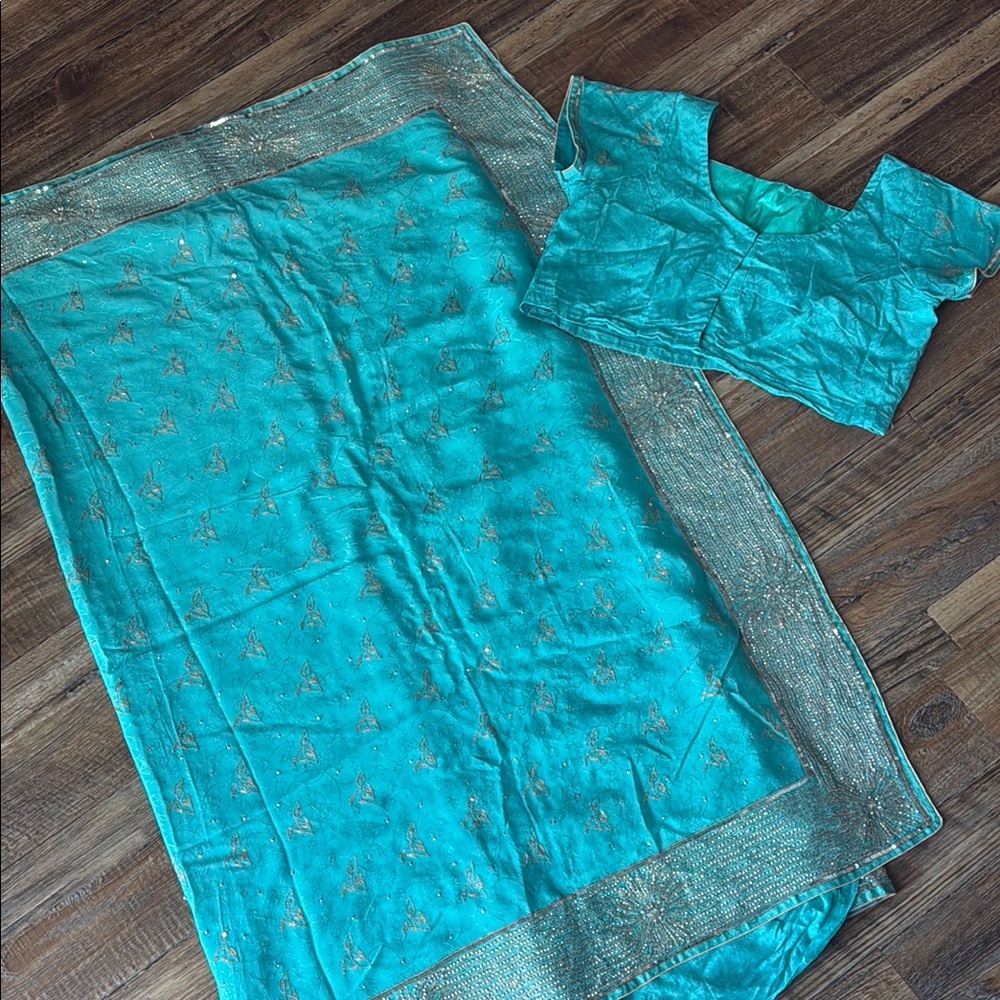 Elegant baby blue and silver saree set
